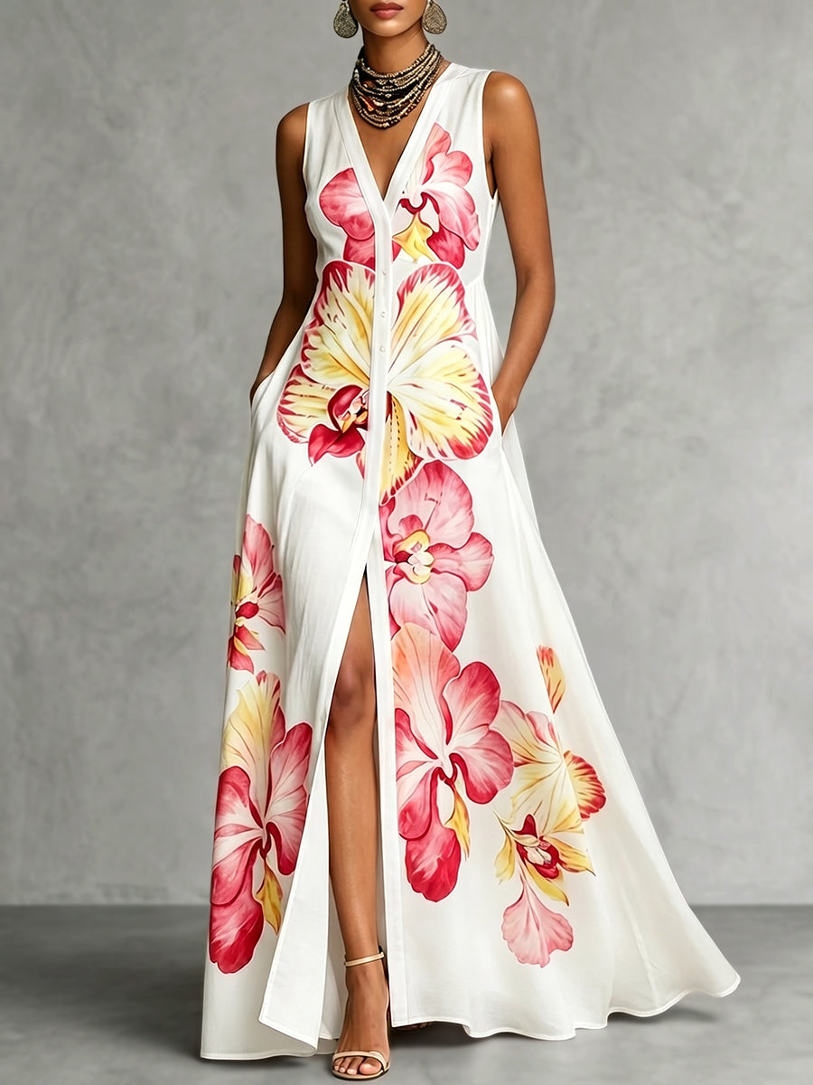 High Waisted Loose Buttoned Flower Print Pockets V-Neck Maxi Dresses