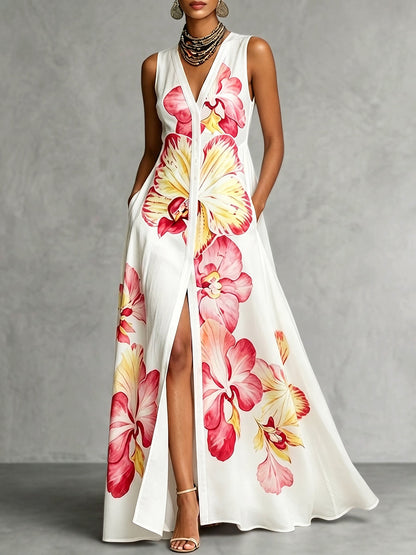 High Waisted Loose Buttoned Flower Print Pockets V-Neck Maxi Dresses