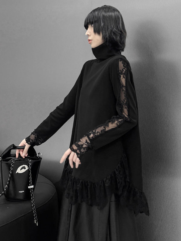 Hipster Long Sleeves See-Through Split-Joint High Neck T-Shirts Tops