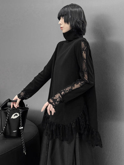 Hipster Long Sleeves See-Through Split-Joint High Neck T-Shirts Tops