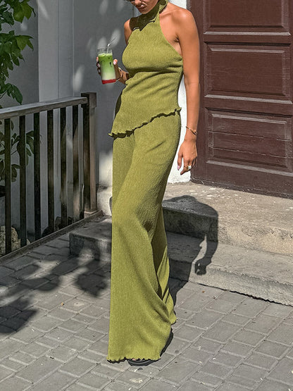 Solid Color Pleated Sleeveless Asymmetric High Neck Vest + Wide Leg Pants Two Pieces Set