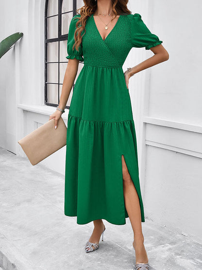 A-Line High Waisted Elasticity Pleated Solid Color Split-Joint V-Neck Midi Dresses