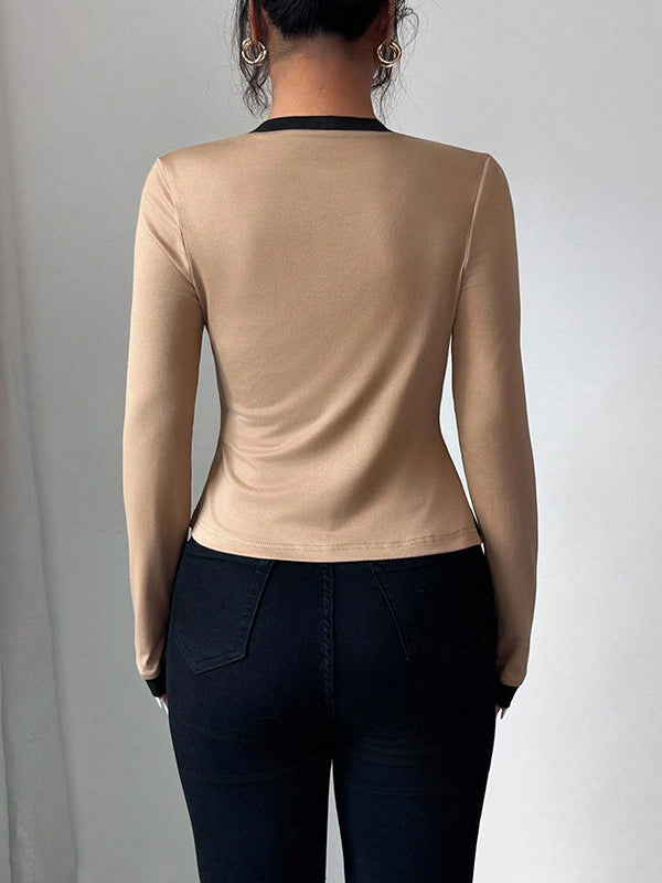 Long Sleeves Solid Color Split-Joint Collarless Two Pieces Set