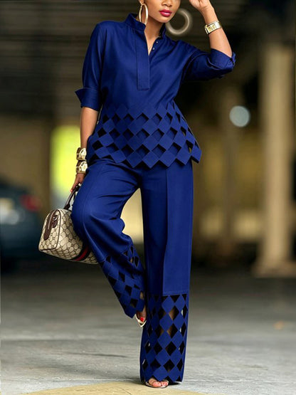 Solid Color Hollow Buttoned Three-quarter Sleeves Loose Stand Collar Blouses&shirts Tops