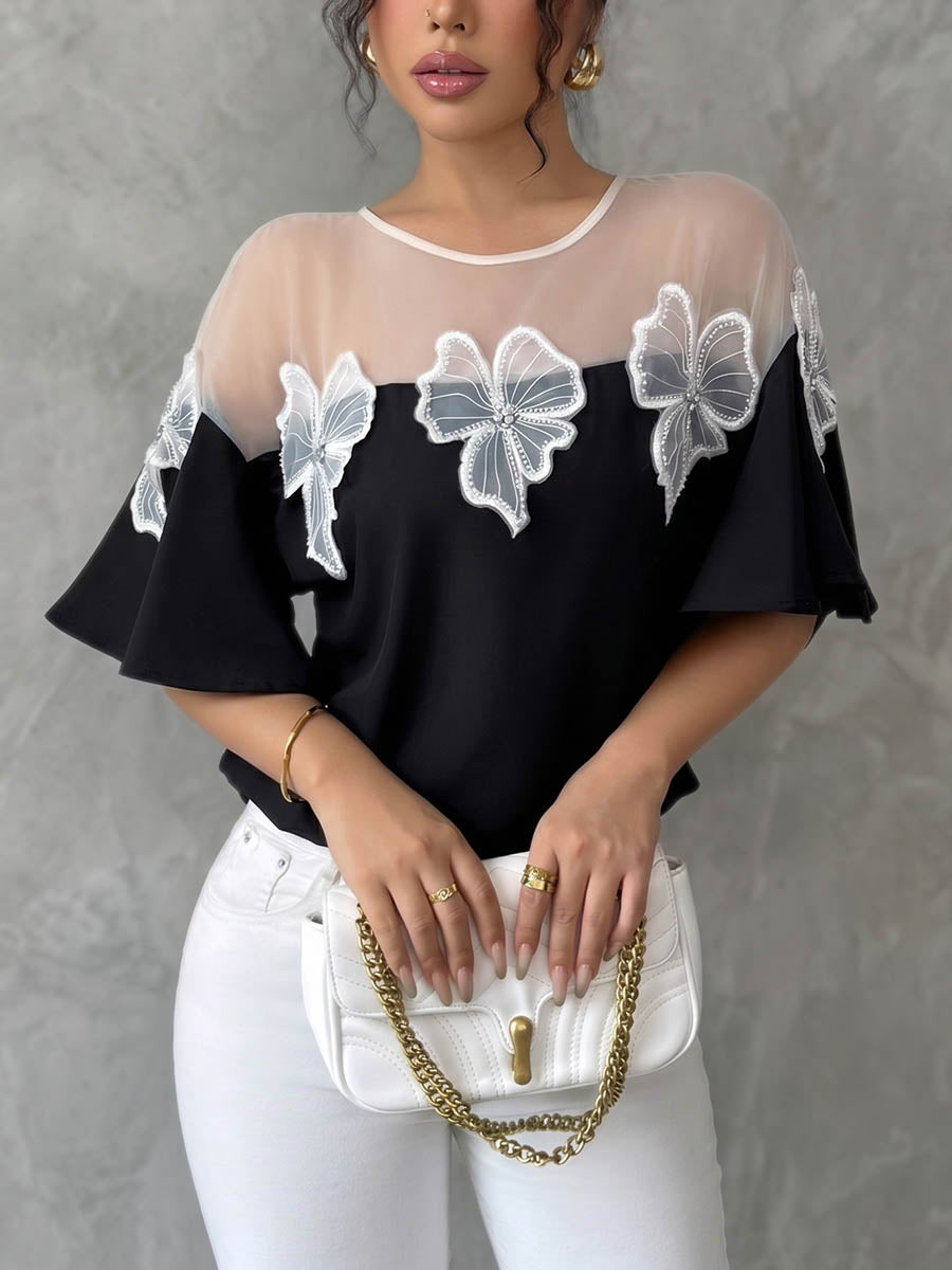Batwing Sleeves Half Sleeves Contrast Color Mesh Split-Joint Three-Dimensional Flower Round-Neck Blouses&Shirts Tops