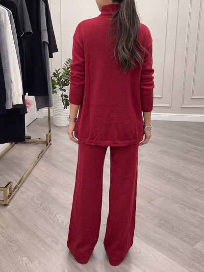 Solid Color Ribbed Knit Stand Collar Long Sleeves Asymmetric Sweater Tops + Wide Leg Trousers Pants Two Pieces Set