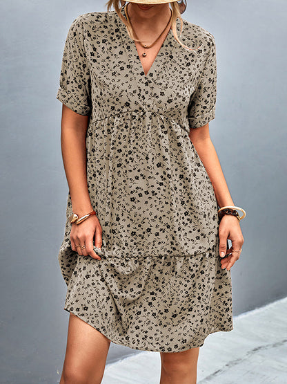 Short Sleeves Flower Print Split-Joint V-Neck Mini Dresses