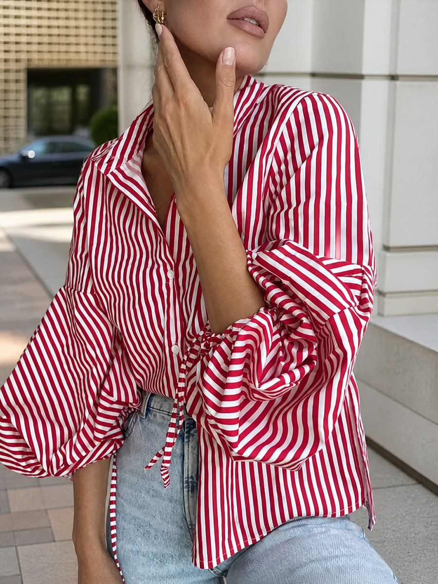 Striped Split-Joint Drawstring Buttoned Puff Sleeves Loose Lapel Blouses&shirts Tops