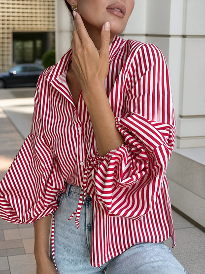 Striped Split-Joint Drawstring Buttoned Puff Sleeves Loose Lapel Blouses&shirts Tops
