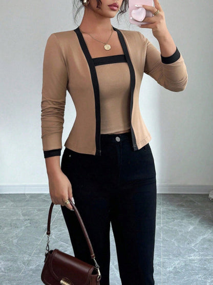 Long Sleeves Solid Color Split-Joint Collarless Two Pieces Set