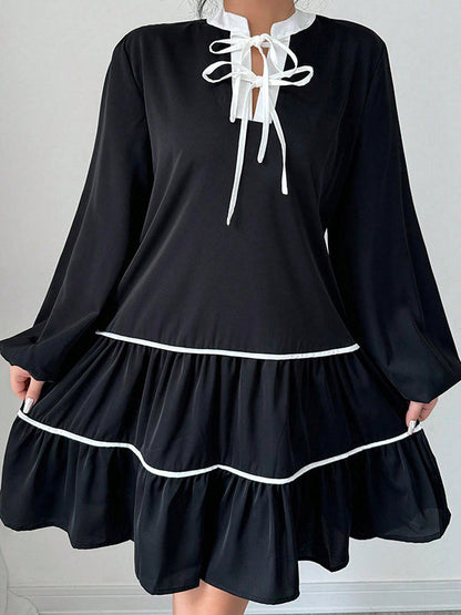 A-Line Long Sleeves Elasticity Pleated Tied V-Neck Mini Dresses