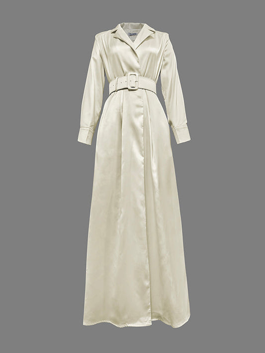 Robe longue ample à manches longues et col cranté, couleur unie, sans ceinture 