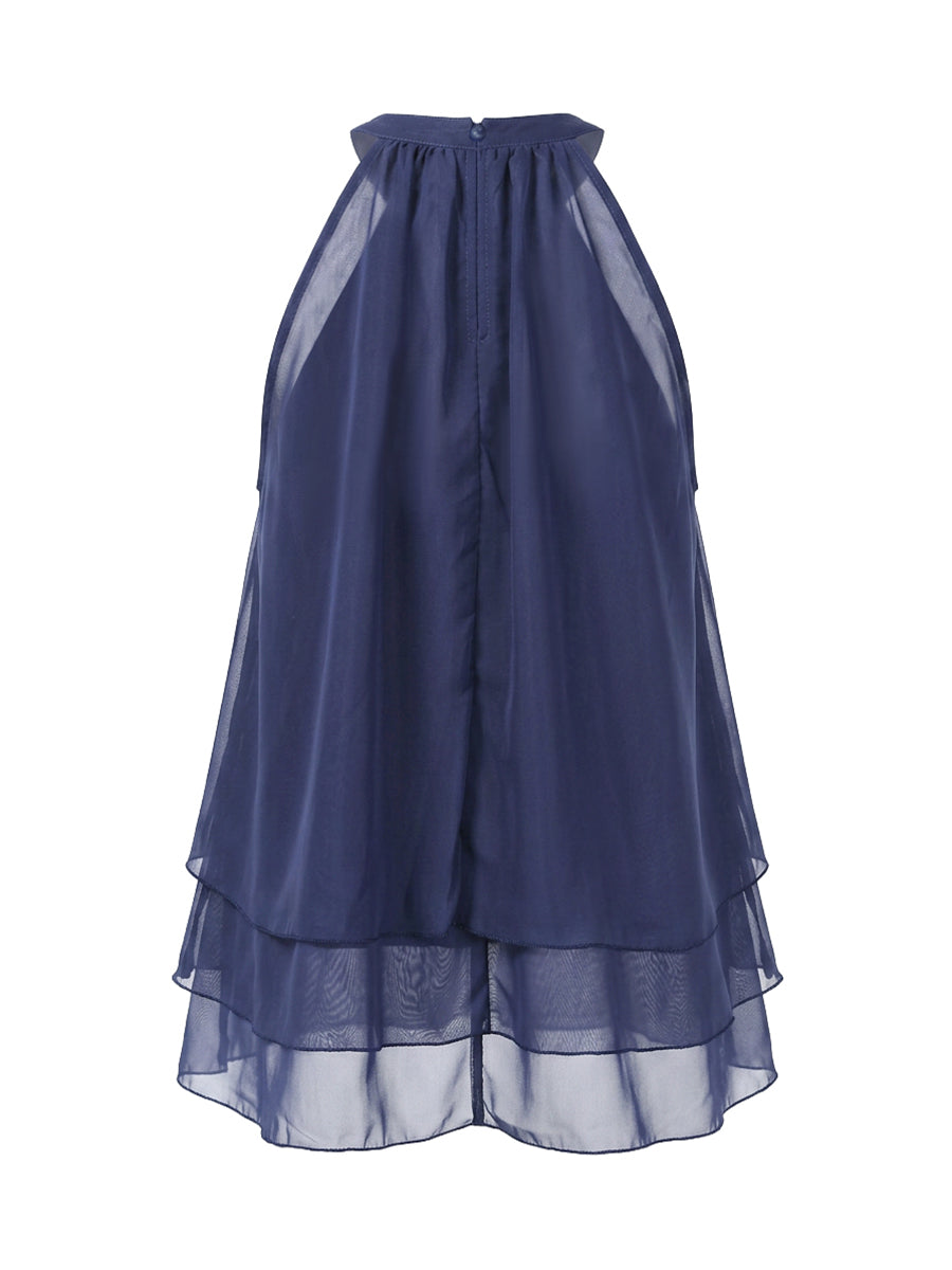 A-Line Sleeveless Pleated Ruffled Solid Color Halter-Neck Tank Top