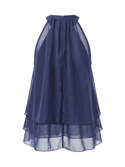 A-Line Sleeveless Pleated Ruffled Solid Color Halter-Neck Tank Top