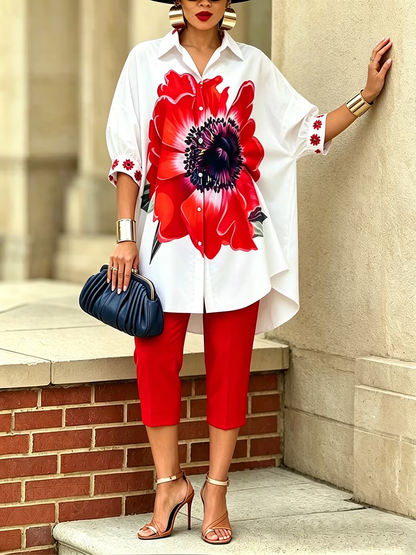 Half Sleeves Loose Buttoned Flower Print Lapel Blouses&Shirts Tops