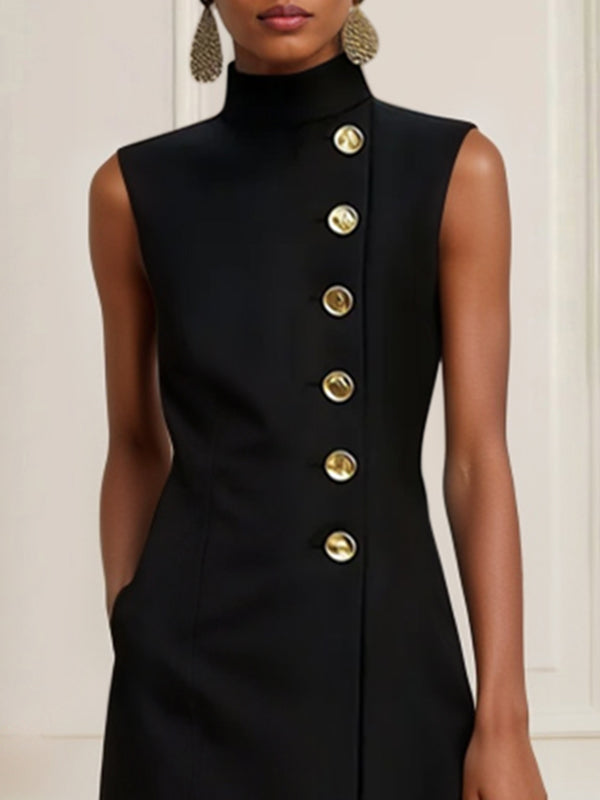 Loose Sleeveless Asymmetric Split-Joint High Neck Midi Dresses