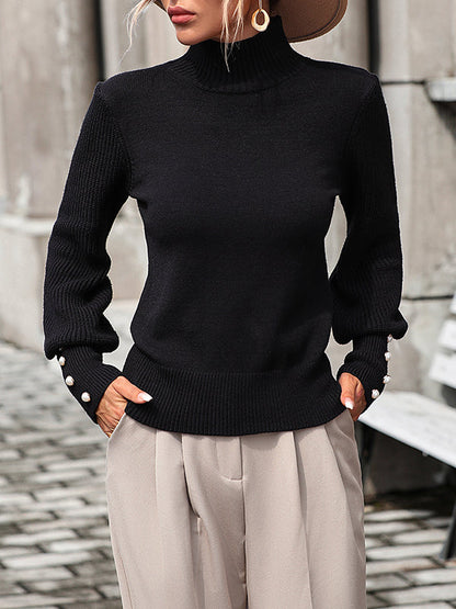 Lange Ärmel, lockere, perlenbesetzte Pullover mit geteiltem Kragen und hohem Kragen 