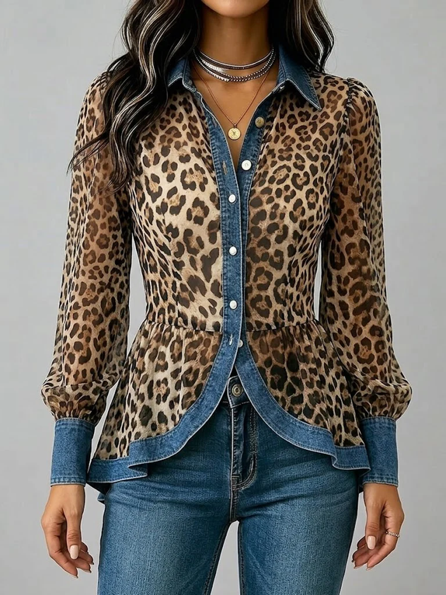 Long Sleeves Puff Sleeves Buttoned Contrast Color Leopard Pleated Split-Joint Lapel Blouses&Shirts Tops