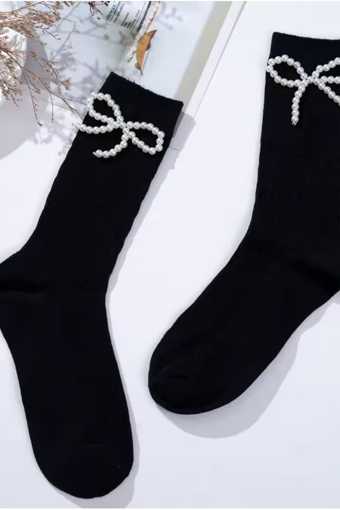 Pearl Bow Classic Ribbed Crew Socks
