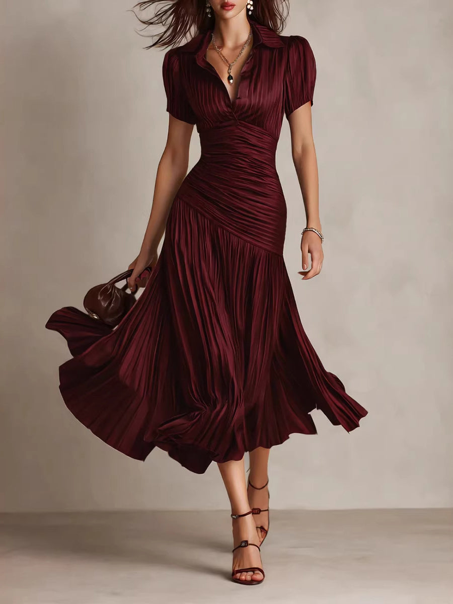 Striped Split-Joint Solid Color Pleated Short Sleeves High Waisted Lapel Maxi Dresses