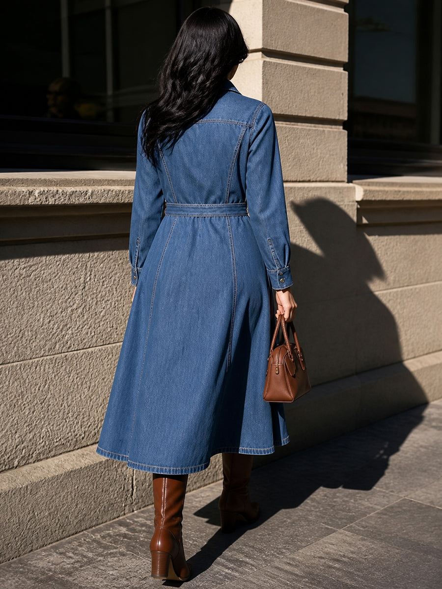 Split-Joint Solid Color Pockets Buttoned Long Sleeves High Waisted Lapel Midi Dresses