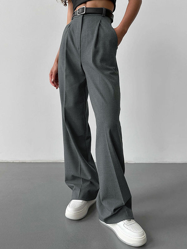High Waisted Loose No Belt Solid Color Suit Pants Trousers