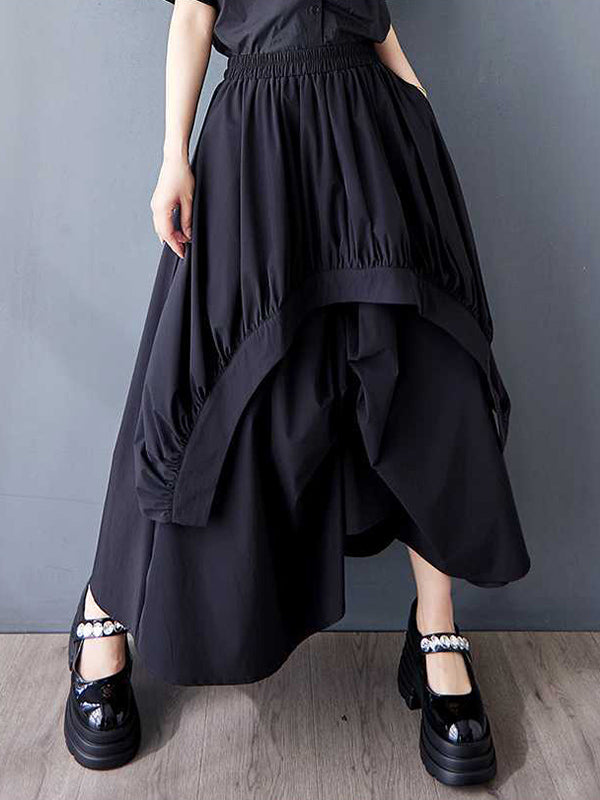 A-Line Loose Asymmetric Elasticity Pleated Pockets Solid Color Skirts Bottoms
