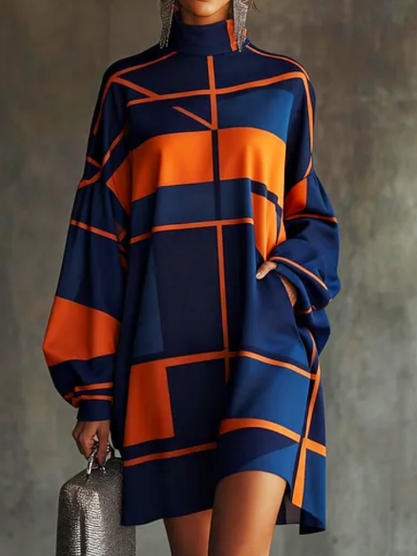 Zipper Split-Joint Pockets Pleated Contrast Color Loose Long Sleeves High Neck Mini Dresses