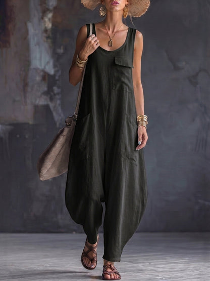 Loose Sleeveless Pockets Solid Color Square-Neck Jumpsuits