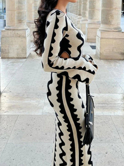 High Waisted Long Sleeves Hollow Printed Round-Neck Maxi Dresses