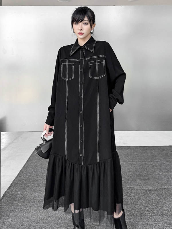 Irregularity Long Sleeves Asymmetric Buttoned Line Solid Color Split-Joint Lapel Midi Dresses Shirt Dress