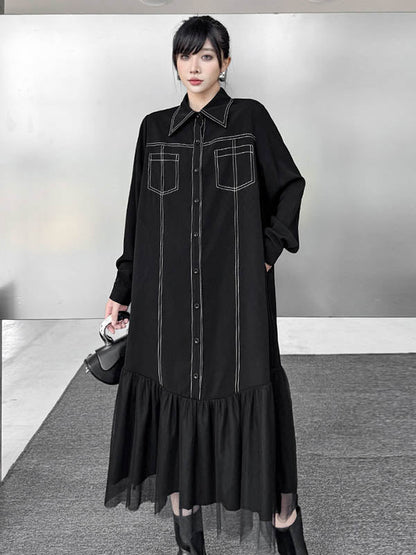Irregularity Long Sleeves Asymmetric Buttoned Line Solid Color Split-Joint Lapel Midi Dresses Shirt Dress
