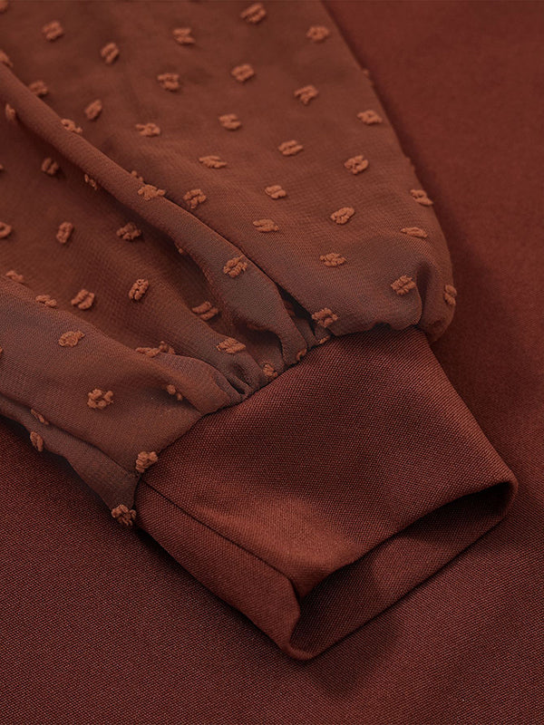 A-Line Long Sleeves Gauze Pleated Split-Joint V-Neck Midi Dresses