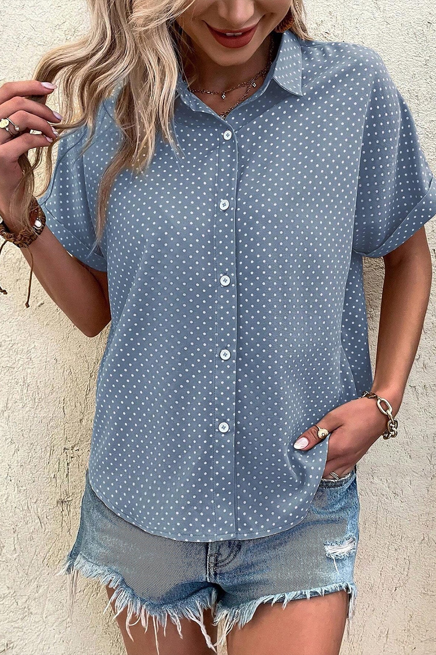 Khaki Dotted Print Cuffed Short Sleeve Shirt