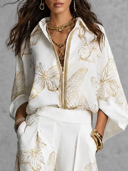 Long Sleeves Loose Butterfly Print Contrast Color Lapel Blouses&Shirts Tops