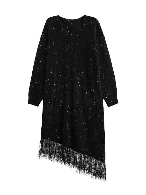 Irregularity Long Sleeves Contrast Color Sequined Shiny Split-Joint Tasseled V-Neck Midi Dresses Sweater Dresses