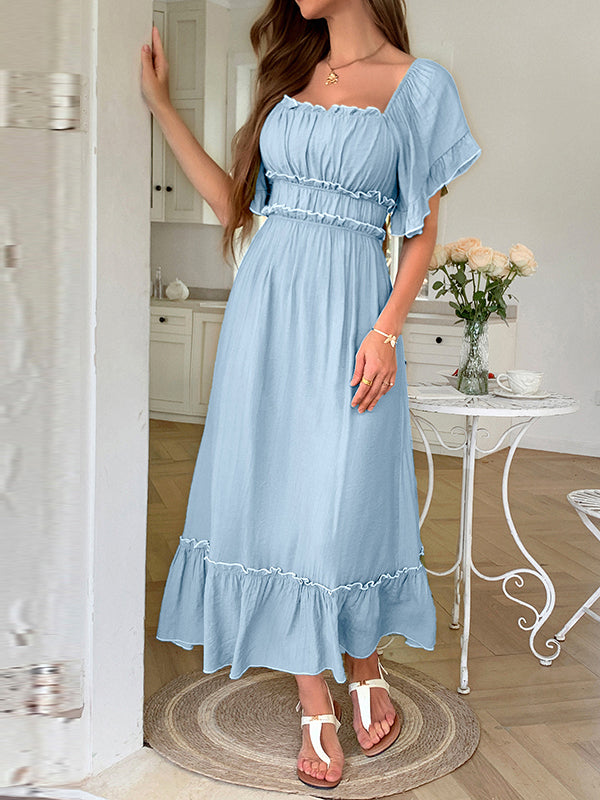 A-Line High Waisted Pleated Ruffle Trim Split-Joint Zipper Square-Neck Midi Dresses