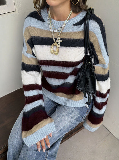 Striped Ribbed Contrast Color Loose Long Sleeves Round-neck Sweater Tops