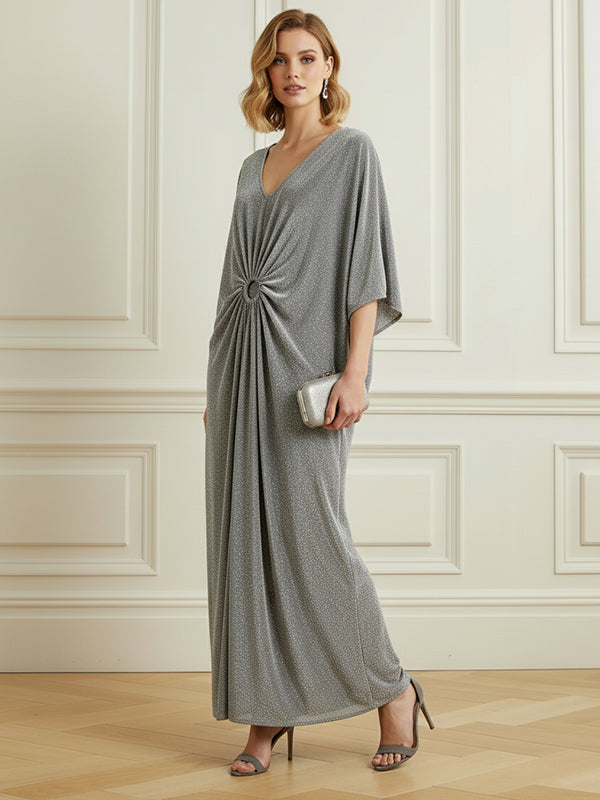 Half Sleeves Loose Pleated Rhinestone Shiny Deep V-Neck Maxi Dresses