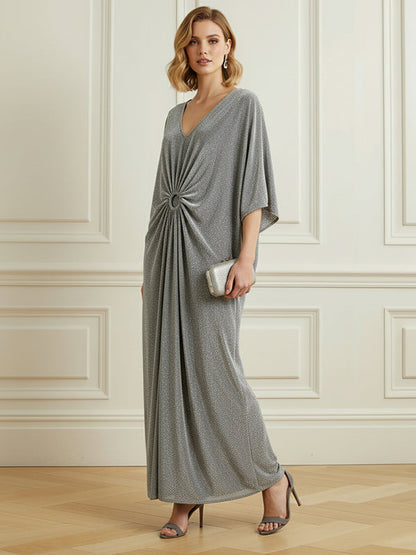 Half Sleeves Loose Pleated Rhinestone Shiny Deep V-Neck Maxi Dresses