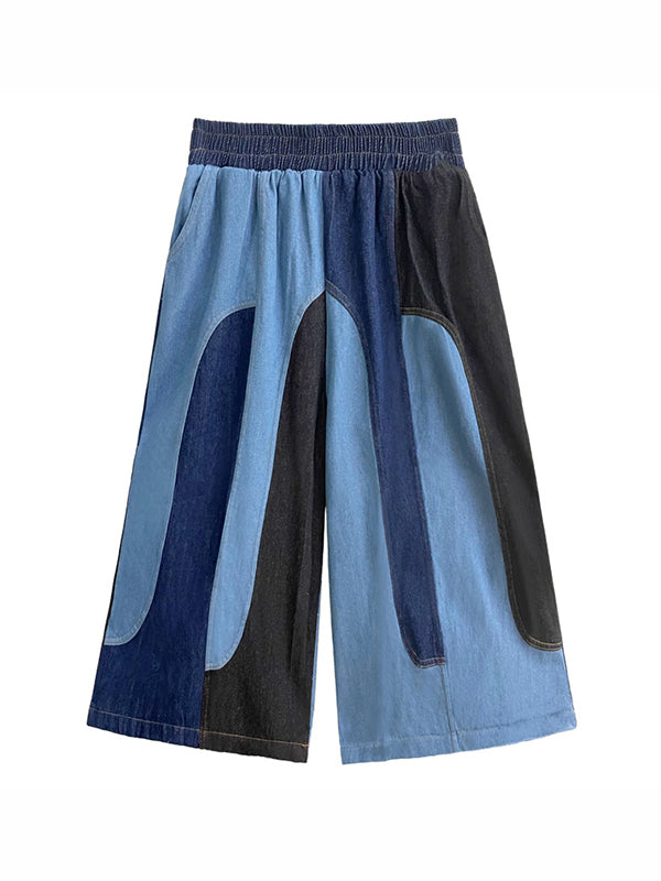 Loose Wide Leg Contrast Color Elasticity Split-Joint Jean Pants Bottoms