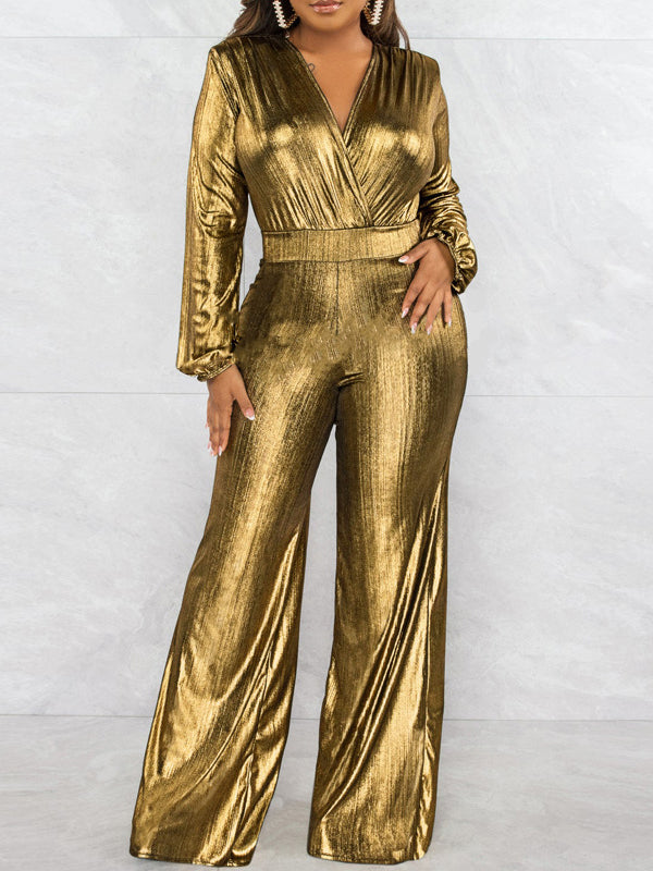 Bodycon High Waisted Elasticity Shiny Solid Color V-Neck Jumpsuits