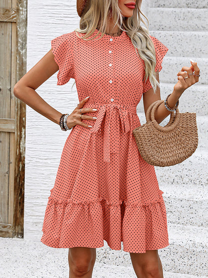 A-Linie Locker geknöpft Plissee Polka Dot Taille gebunden Rundhals Minikleider 