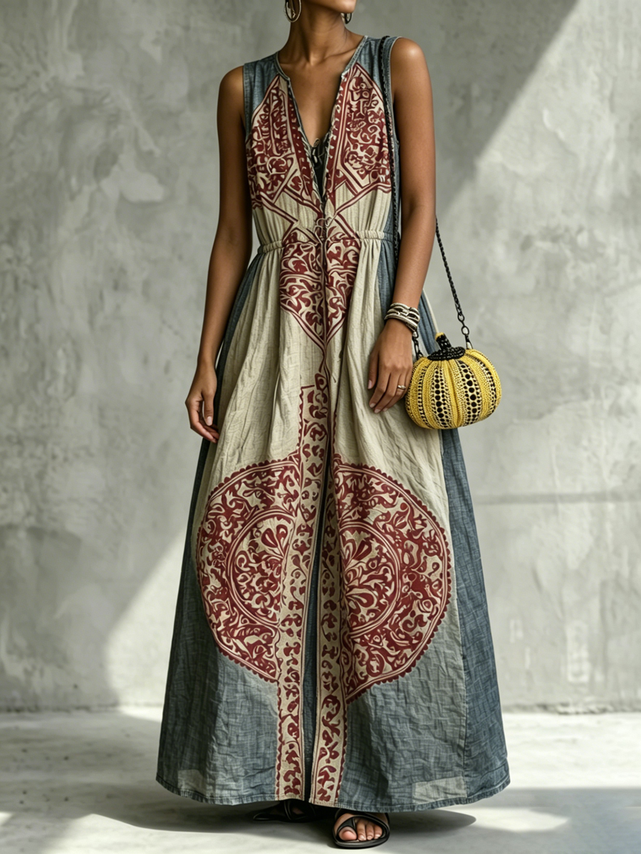 Loose Sleeveless Contrast Color Pleated Pockets V-Neck Maxi Dresses