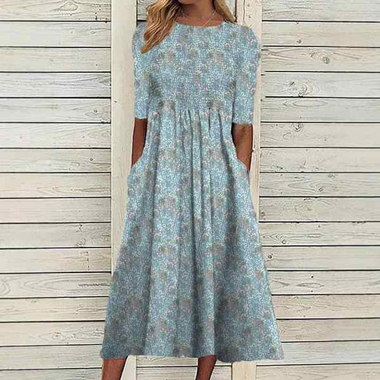Daisy | Women's Floral Print V-Neck Half Sleeve Midi Swing Dress