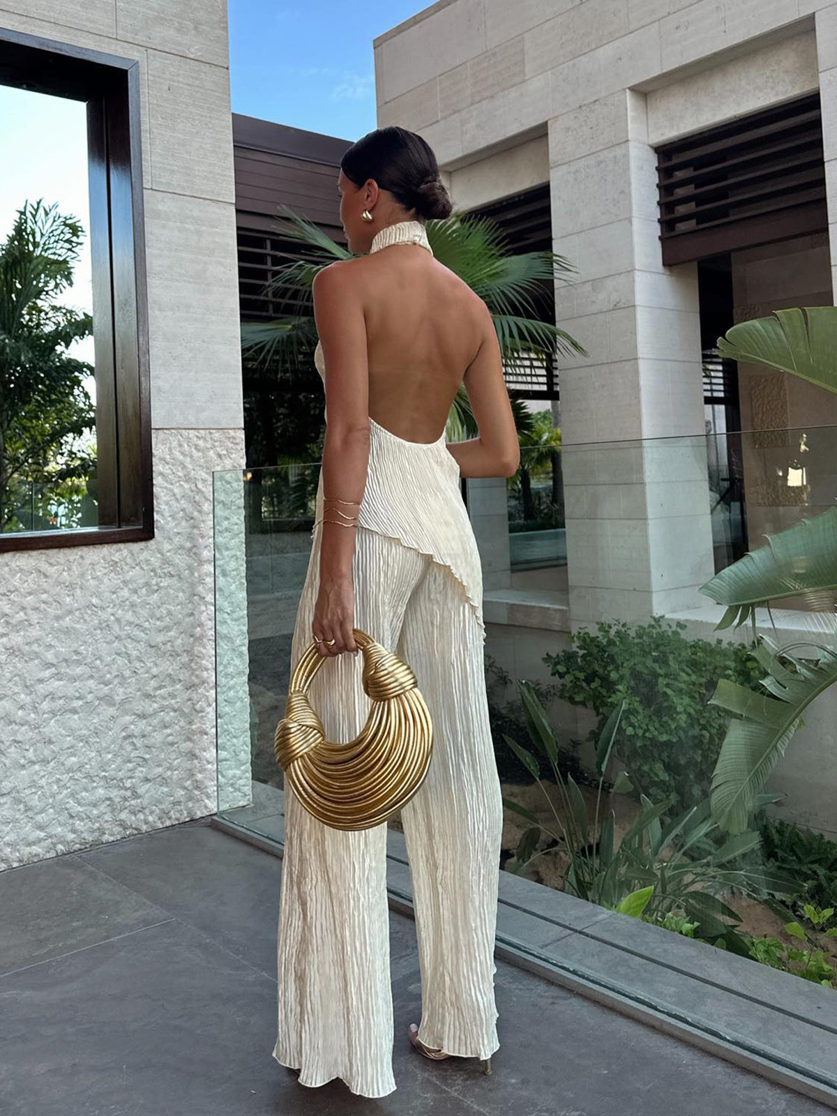 Serena | Women's Halter Neck Pleated Top & Wide Leg Pants Set