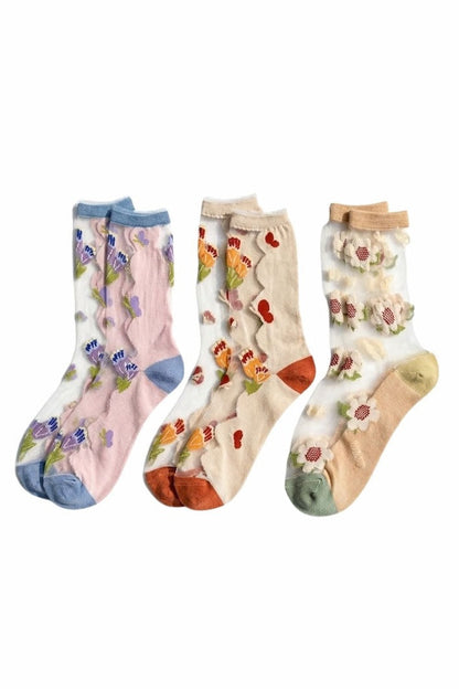 3-Pack Sheer Sunflower Jacquard Crew Socks