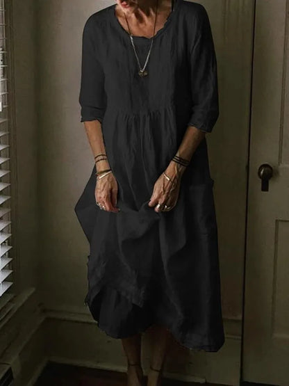 Aurinda | Women's Round Neck 3/4 Sleeve Midi Dress