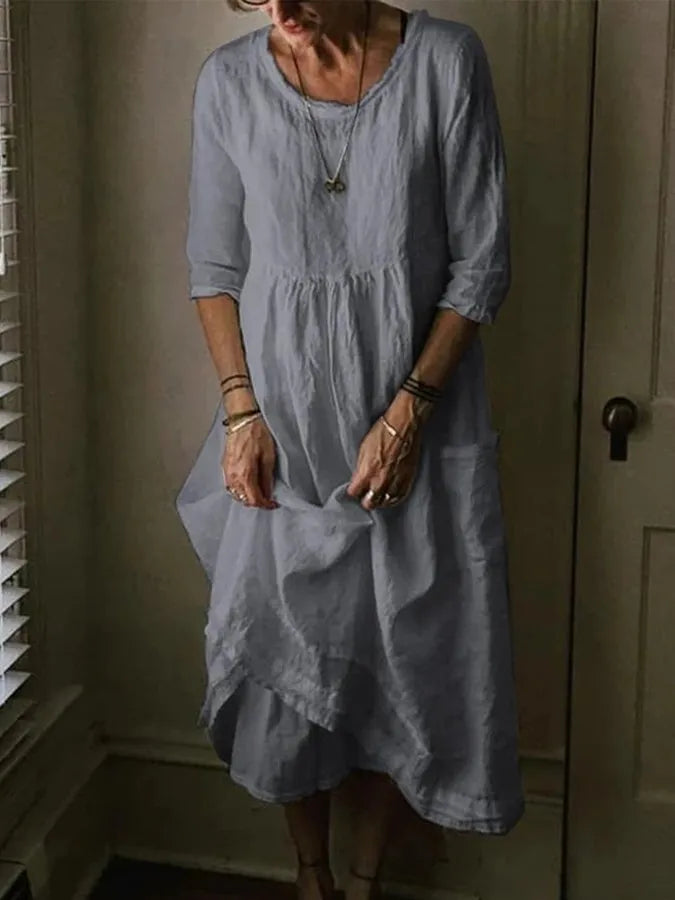 Aurinda | Women's Round Neck 3/4 Sleeve Midi Dress