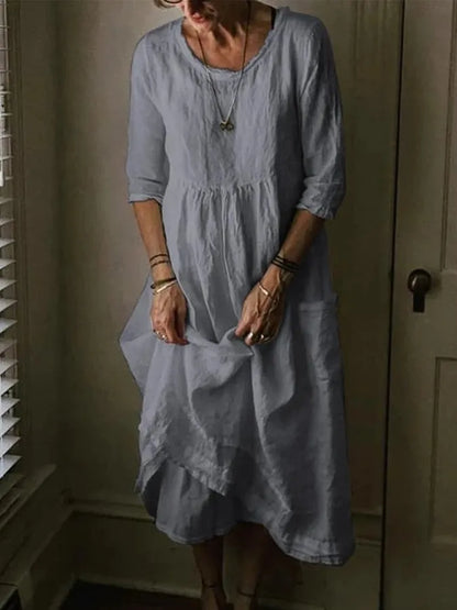 Aurinda | Women's Round Neck 3/4 Sleeve Midi Dress
